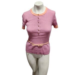Vintage Jones New York Signature Sweater Top Size Small Pink Peach Ribbed Belted